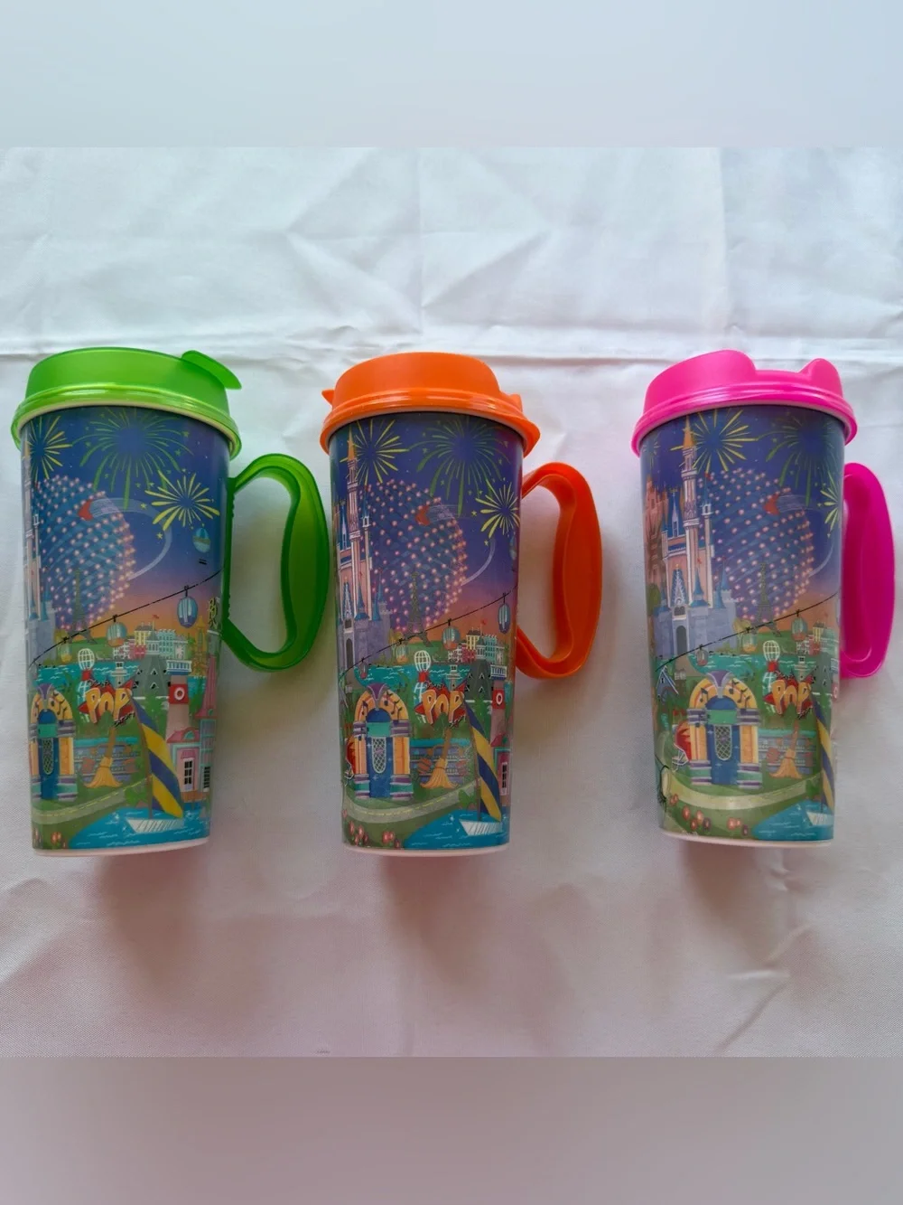 Lot of 3 Walt Disney World Travel Tumbler Green, Orange, Pink Lids 2025